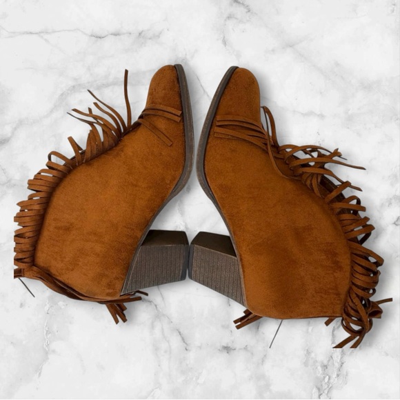Mata Fringe Ankle Booties Sz 8.5M | Western Boho Suede Heel Boot | Brown - Picture 6 of 16